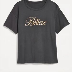 Charcoal Christmas “Believe” Tee with Gold Script XL NWT